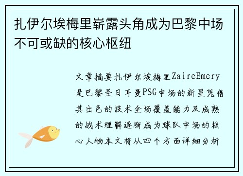 扎伊尔埃梅里崭露头角成为巴黎中场不可或缺的核心枢纽