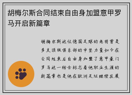 胡梅尔斯合同结束自由身加盟意甲罗马开启新篇章